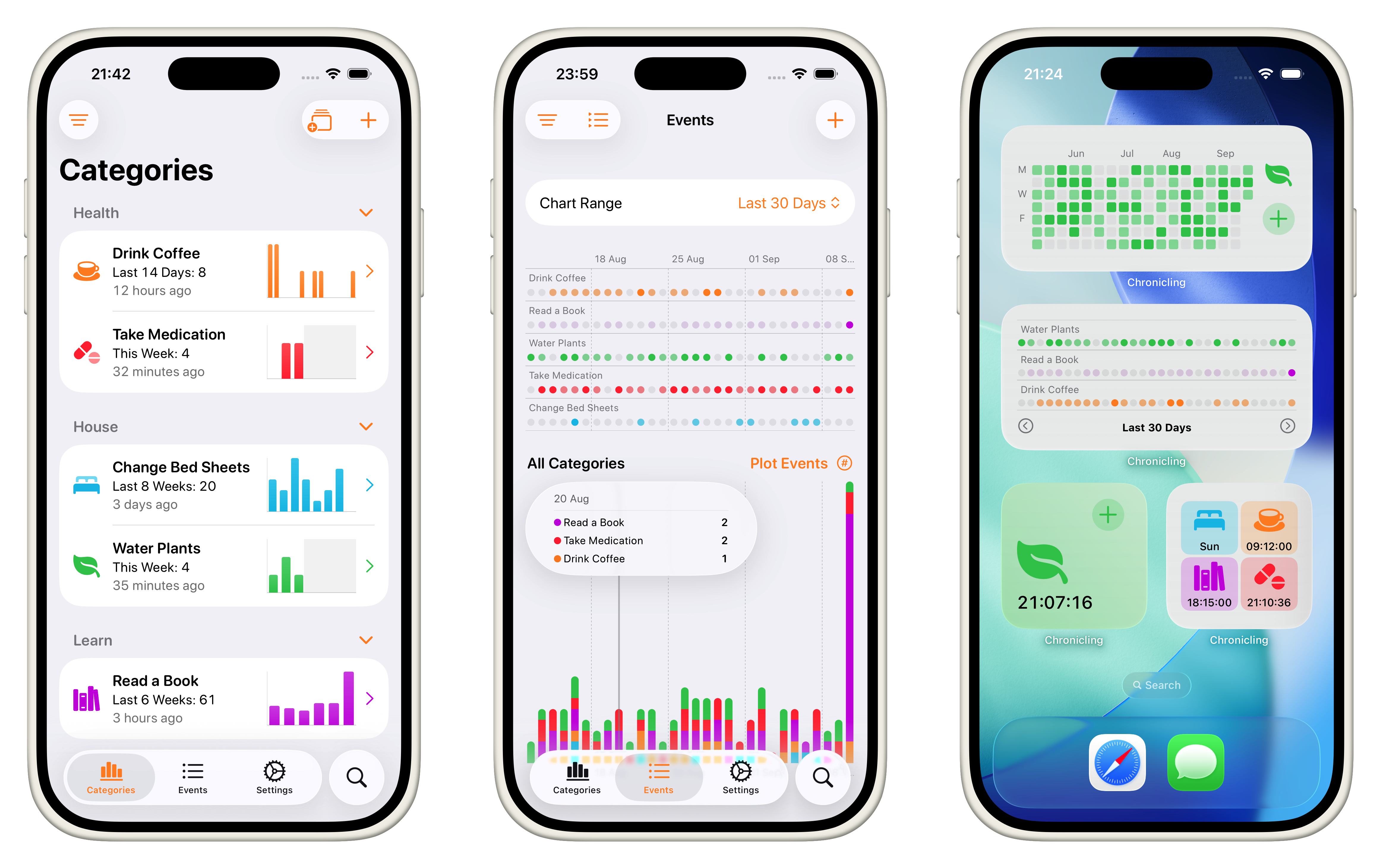 3x iPhone screenshots showing the core views of Chronicling